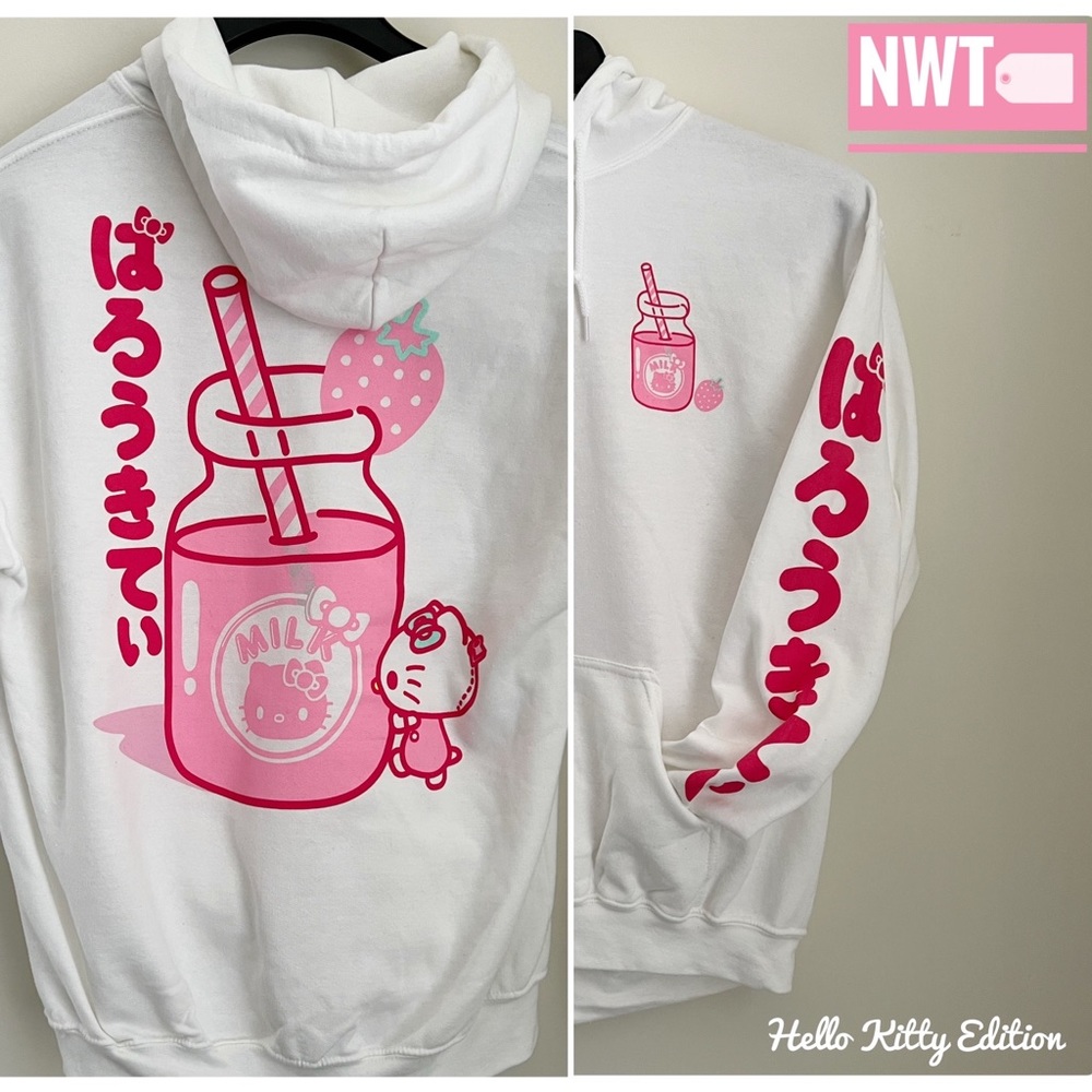 Sanrio Hello Kitty White Hoodie with Pink Strawberry Milk Graphics
